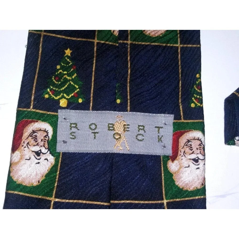 Robert Stock Mens Tie Necktie Santa & Christmas tree print 100% SILK USA MADE